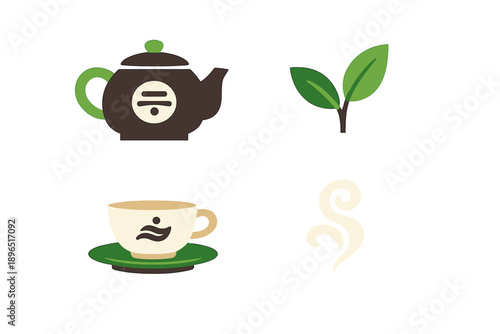 Tea pot, tea leaves, cup, and steam in a simple design showing elements of tea preparation and enjoyment