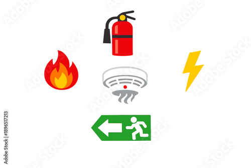 Safety symbols are shown including a fire extinguisher, flame, smoke alarm, lightning, and exit sign to indicate fire and emergency response actions
