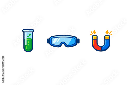 Three science tools showing a test tube with liquid, safety goggles, and a magnet in a clear setting focused on laboratory equipment used in experiments