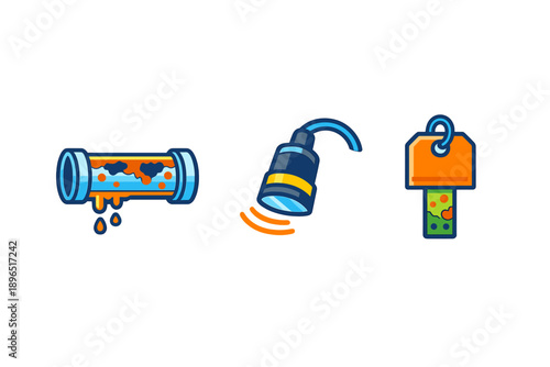 Illustration showing a rusty pipe leaking water, a faucet spraying water, and a key with a tag, highlighting plumbing issues and repairs in a home setting