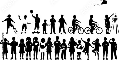 Silhouettes of children different poses standing together in row. Kids various activities hobbies and sports vector silhouette set collection