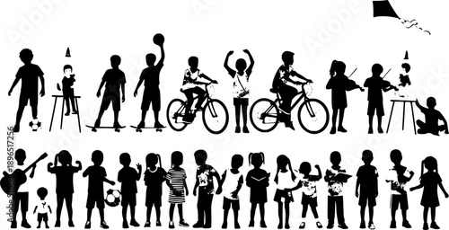 Silhouettes of children different poses standing together in row. Kids various activities hobbies and sports vector silhouette set collection