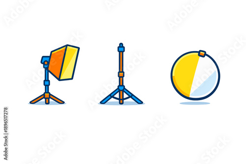 Lighting equipment setup with a light source, a stand, and a reflector for a studio shoot in a creative workspace during daytime