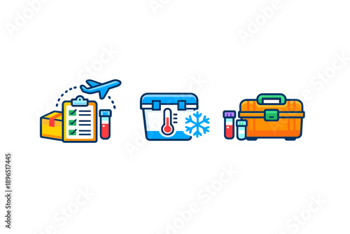 Graphic shows steps for transporting medical samples with a checklist, cooler, and toolbox while airplane travels