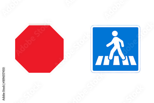 Traffic signs showing stop and pedestrian crossing in a city setting during daylight hours for road safety