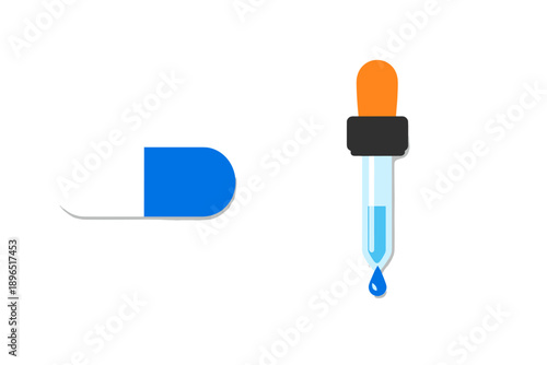 Pill and dropper on a plain background in a simple layout showing common objects used in medicine and health care
