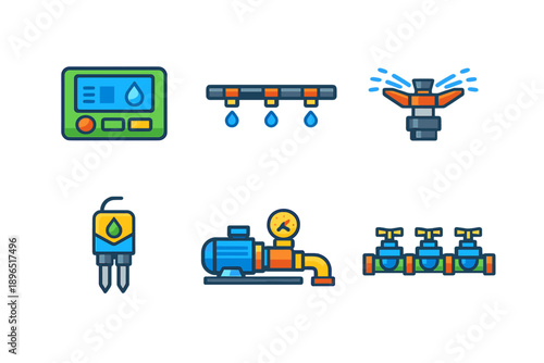 Illustration shows various components of a water irrigation system with controllers, pipes, pumps, and sprayers, highlighting their functions in agriculture and gardening tasks