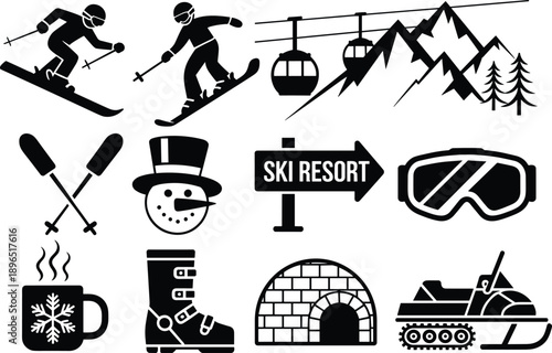 Ski resort icons, winter sports, skiing gear, snow activities, mountain elements, cold weather, vector illustration, black and white