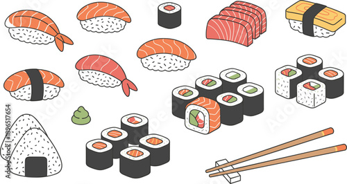 Sushi and Sashimi Illustration Set with Nigiri Rolls Onigiri and Chopsticks Isolated on White Background