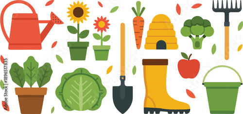 Gardening Tools and Plants Vector Illustration Set Farming and Garden Care Elements