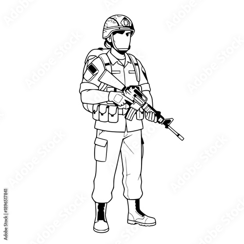 Modern Soldier Holding Rifle in Tactical Gear Line Art Illustration