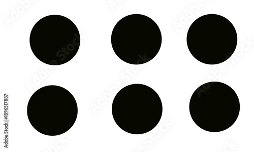 Six Solid Black Circles Set – Minimal Filled Dot Shapes, Simple Round Elements, Balanced Geometric Grid Layout on White