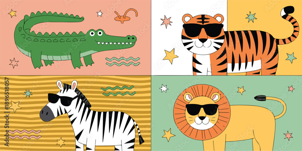 Fototapeta premium Cute Safari Animals on Summer Vacation Beach Relaxing Cartoon Vector Set