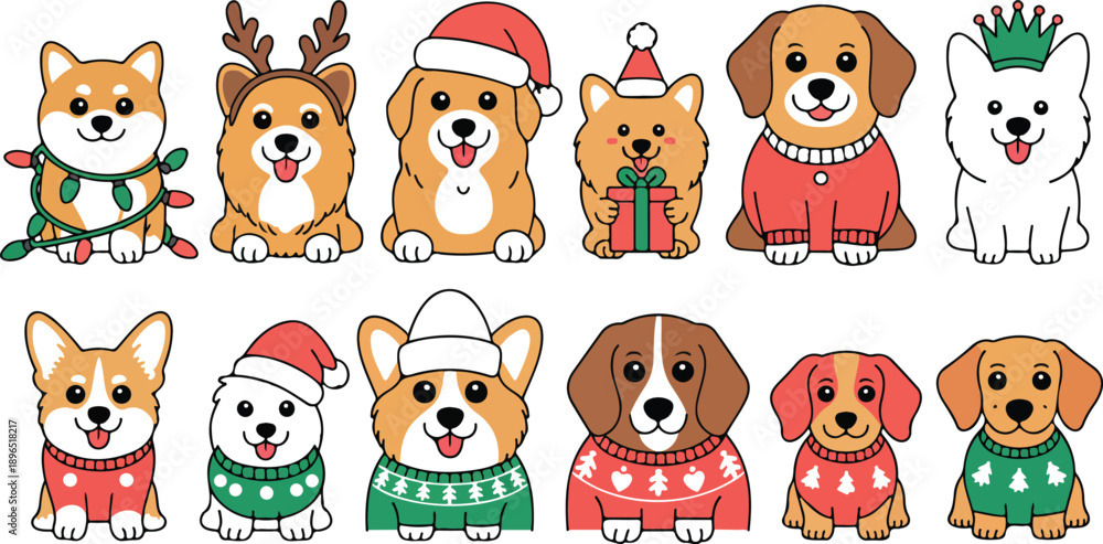 Fototapeta premium Cute Christmas Dogs Line Illustration Set Festive Puppies in Sweaters and Santa Hats