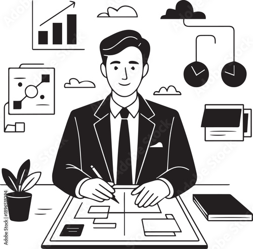 Businessman working at desk with documents and office supplies around him in a professional environment