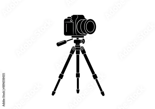 A nice black and white silhouette icon of a dslr camera mounted on a tripod