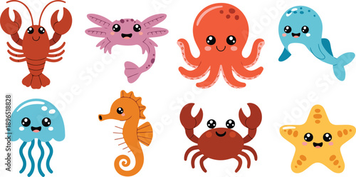 Cute Sea Animals Vector Illustration Set  Crab, Octopus, Narwhal, and Friends