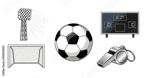 Soccer Stadium Equipment and Match Elements Vector Illustration Set