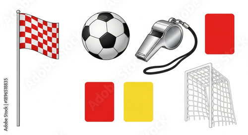 Soccer Referee Equipment and Field Elements Vector Illustration Set