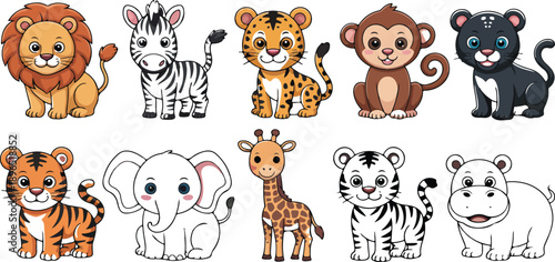 Cute Baby Safari Animals Vector Illustration Set – Adorable Cartoon Wildlife CharactersCute Baby Safari Animals Vector Illustration Set Adorable Cartoon Wildlife Characters