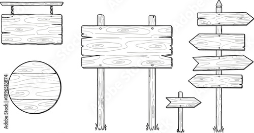 Wooden Signboard Illustration Set with Blank Directional Arrow Boards Isolated on White Background