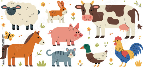 Cute Farm Animals Vector Illustration Set  Cow, Pig, Horse, Sheep, Duck, and Rooster