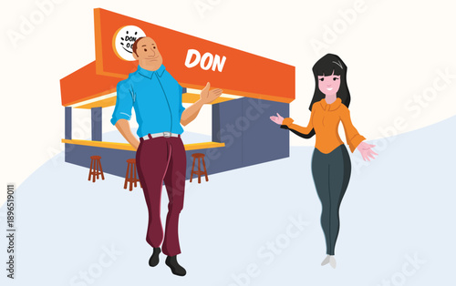 Flat vector illustration representing restaurant customer experience with a couple in front of a food business. Suitable for hospitality marketing, dining concepts, reviews and food service promotions