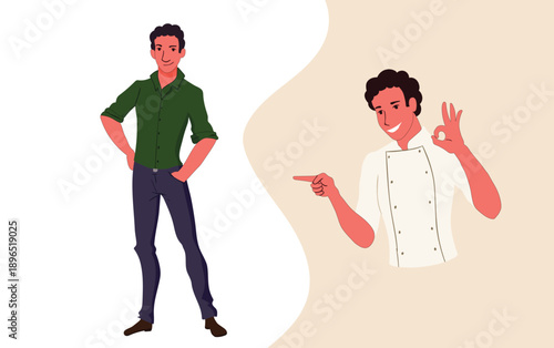 Flat vector illustration showing the same character in different outfits and roles, including a baker uniform and casual clothing. Ideal for explainer videos, storytelling, profession change concepts,