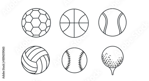 Minimalist Sports Ball Line Art Icon Collection
