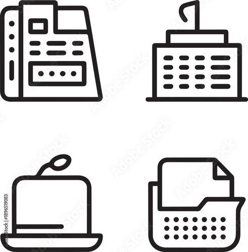 Vintage office equipment icons displayed on a simple background from a straightforward viewpoint