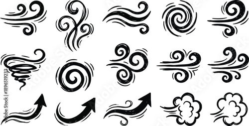 Various wind swirl and breeze vector illustrations showcasing dynamic movement against a clean background with bold black lines for graphic design projects