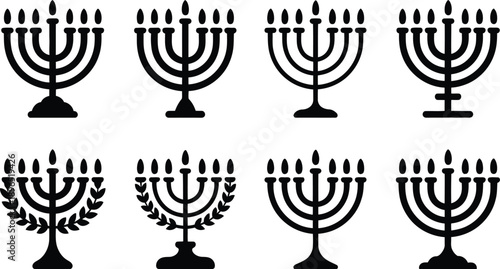 Set of Eight Black Menorah Silhouettes with Lit Candles