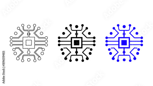 Hexagonal Microchip CPU Circuit Icons in Outline and Solid Styles for Artificial Intelligence and Computing Technology