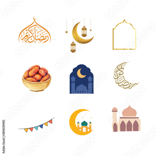 Ramadan decorative elements vector set with crescent moon, lanterns, mosque and traditional food