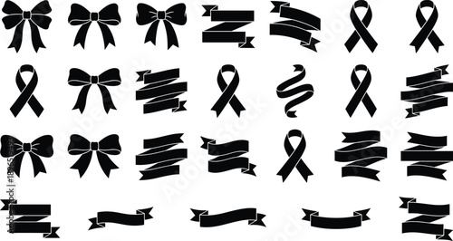 Various black ribbons and bows designs featuring distinct shapes and styles for decorative purposes