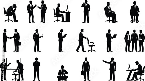 Businessman silhouette collection showing corporate men working meeting negotiating presenting thinking and using office furniture representing professional career workflow isolated