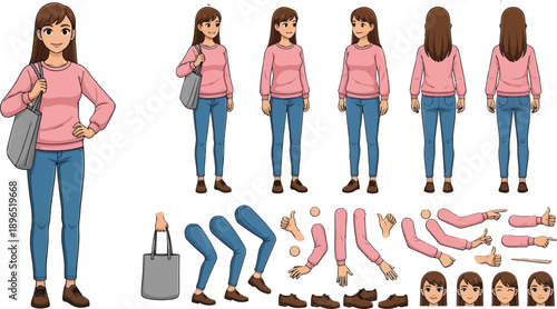 Young Woman Character With Casual Outfit And Customizable Parts