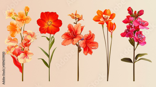 Vibrant floral arrangement featu a variety of bright blooms in shades of orange, red, and pink, presented against a soft, muted background for a botanical display.