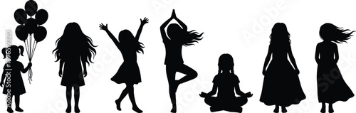 Girl silhouette collection showing children playing dancing meditating holding balloons and expressing joy freedom creativity and childhood emotions isolated on white background illustration