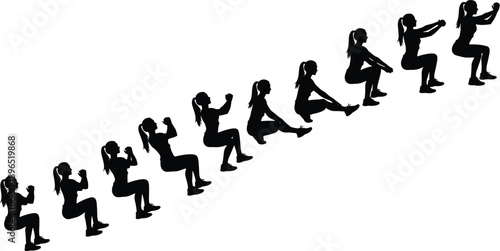 Fitness exercise silhouette sequence of woman performing squat jump workout showing strength training cardio routine and bodyweight exercise progression isolated on white background illustration