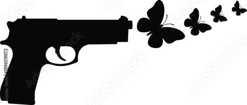 Gun and butterflies silhouette illustration symbolizing peace versus violence transformation freedom and anti war concept with weapon turning into nature isolated on white background