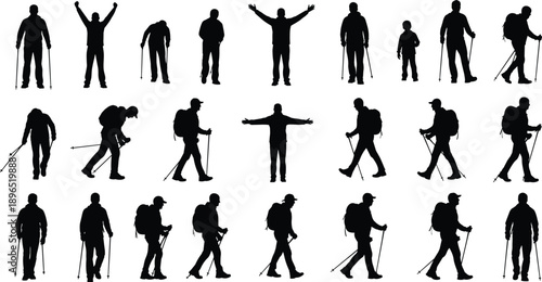 Hiking people silhouette collection showing men walking with trekking poles backpacks celebrating outdoors adventure travel and mountain hiking lifestyle isolated on white background illustration