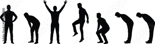Man silhouette sequence showing different body postures including standing bending jumping squatting and stretching representing human movement emotions and daily activity isolated on 