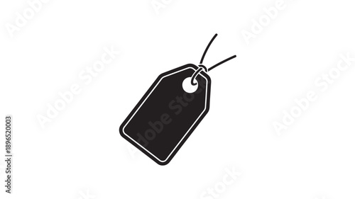 Black price tag in minimalist design with string attachment on white background for retail branding