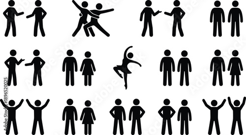 People pictogram silhouette set showing men and women communicating dancing celebrating and standing together representing social interaction relationships and lifestyle activities isolated on white 