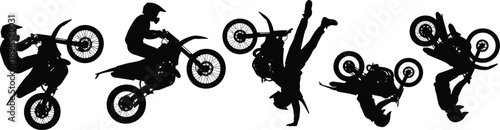 Motocross stunt silhouette sequence showing rider performing extreme motorcycle jumps flips and acrobatics representing freestyle motocross action sport adrenaline isolated on white background 