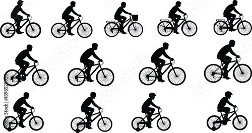 Cyclist silhouette collection, man riding bicycle poses, urban transport activity concept, black vector illustration set