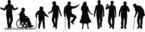 People silhouette collection showing diverse human figures including wheelchair user elderly and adults walking standing gesturing representing inclusion society diversity isolated on white