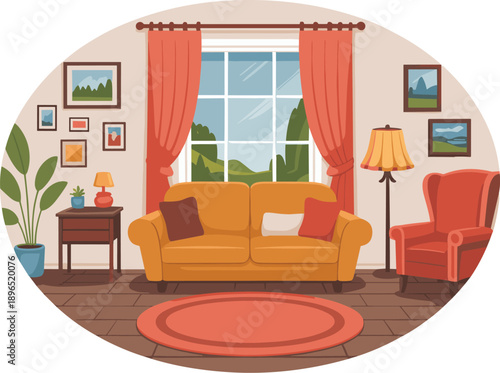 Living room interior with fireplace vector on colorful background.
