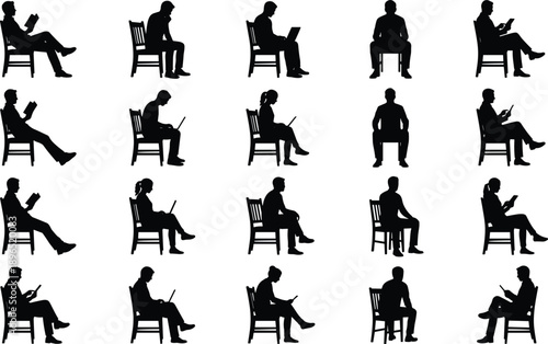 People sitting silhouette collection showing men and women reading using laptop thinking resting and waiting on chairs representing lifestyle leisure study and daily activities isolated on white 